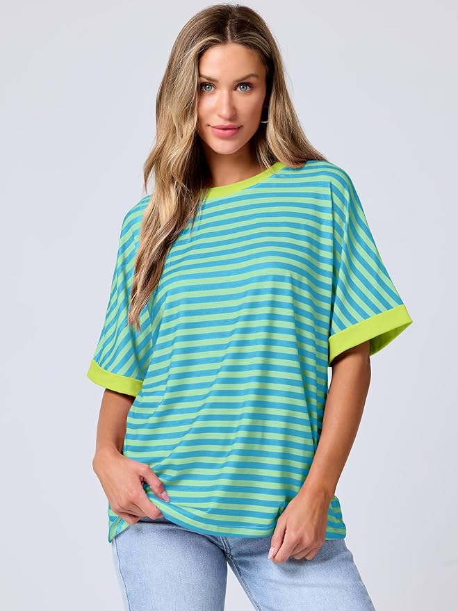 ANRABESS Womens Oversized T Shirts Striped Basic Tees Short Sleeve Crewneck Casual Loose Tops Shirts 2025 Summer Outfits