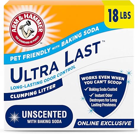 Arm  Hammer Arm Hammer Ultra Last Unscented Clumping Cat Litter, MultiCat 18lb, Pet Friendly with Baking Soda