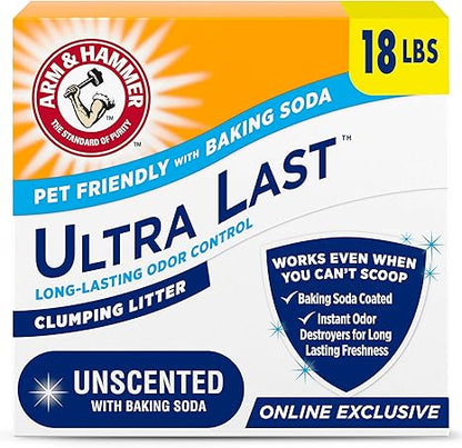 Arm  Hammer Arm Hammer Ultra Last Unscented Clumping Cat Litter, MultiCat 18lb, Pet Friendly with Baking Soda
