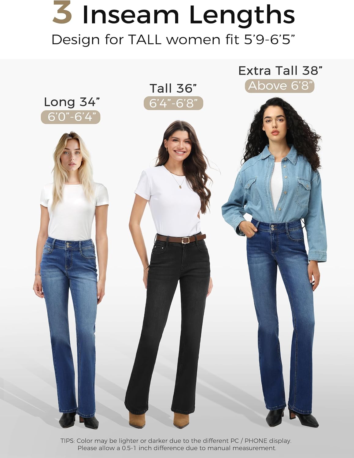 Tall Women's 34"/36"/38" Inseam Curvy Bootcut Jeans Mid-Rise Stretchy Denim Pants Classic Bell Bottom Trouser