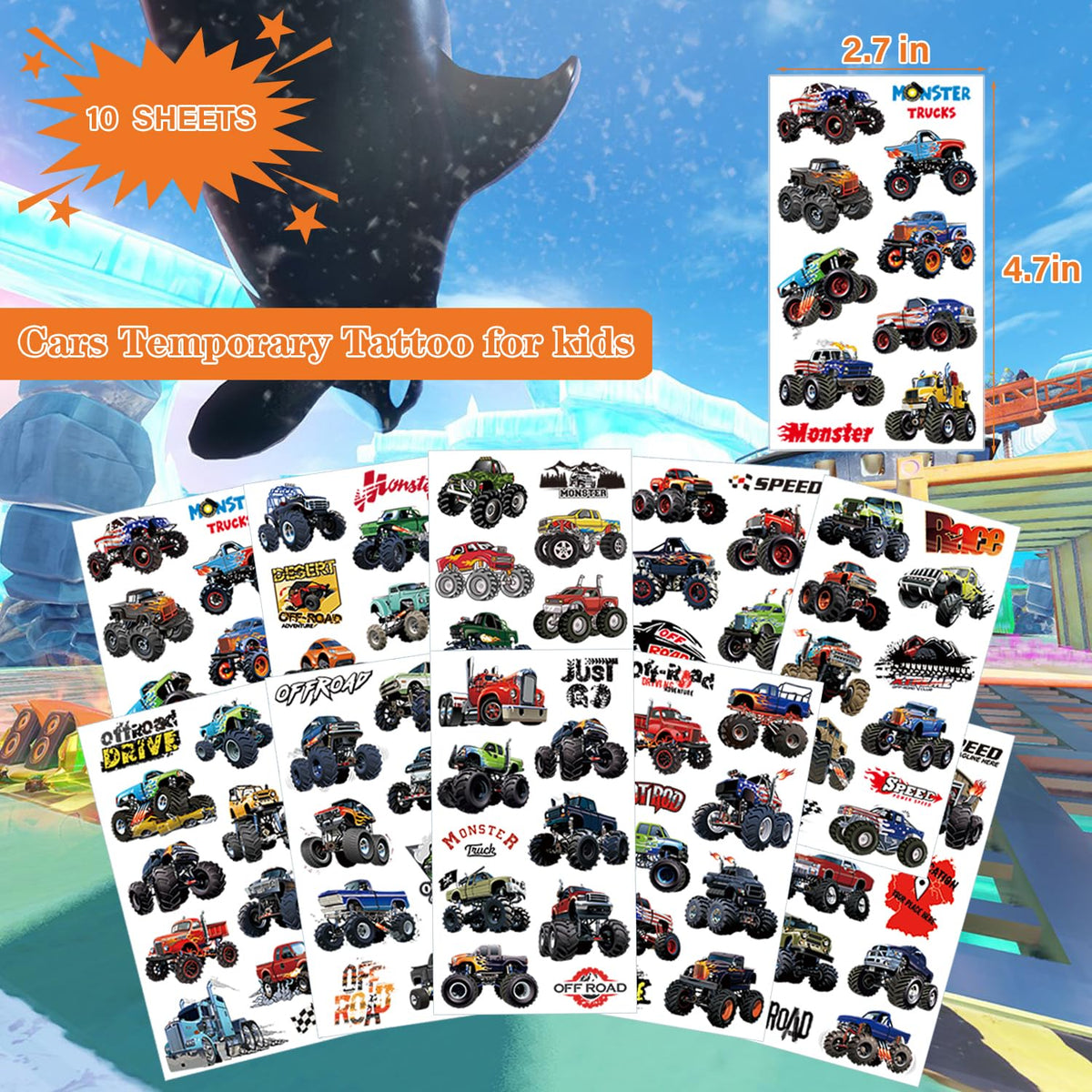 UVUXO Monster Truck Temporary Tattoo for kids - 10 Sheets Cars Tattoos Temporary for Boys Monster Truck Birthday Party Supplies for Kid
