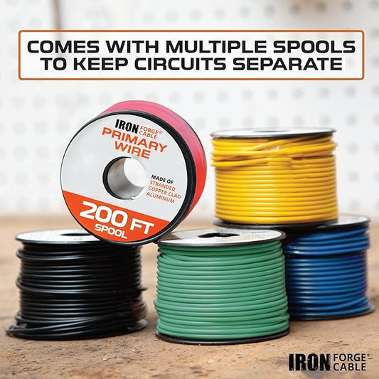 Iron Forge Cable 12 Gauge Primary Automotive Wire - 5 Roll Assortment Pack - 200 Ft of Copper Clad Aluminum Wire per Roll - for Home or Automotive