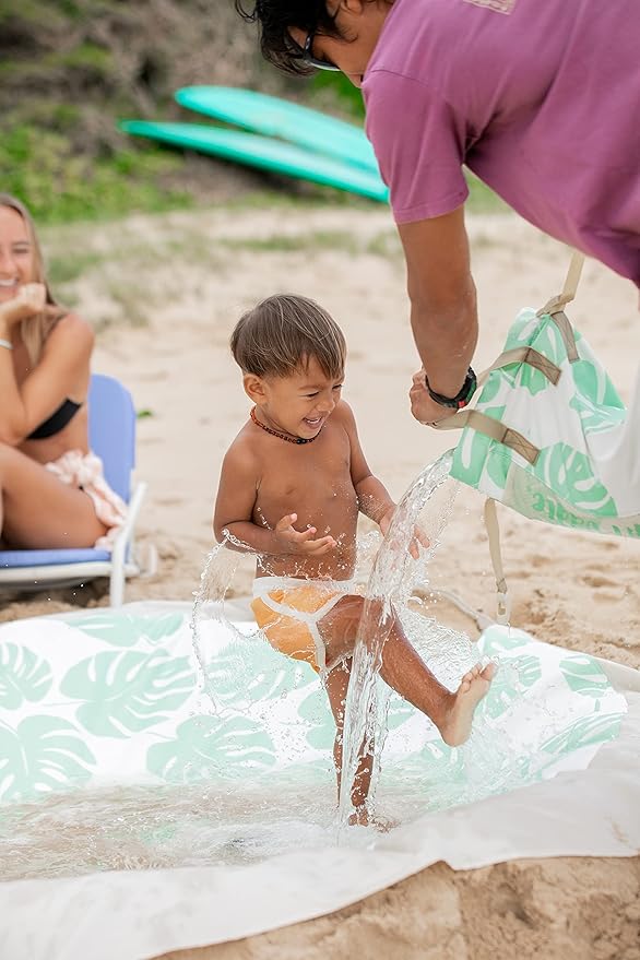 Baby Beach Pool | 2-in-1 Kiddie Pool and Beach Blanket | Flexible Toddler and Baby Pool | Beach Toys for Kids & Toddlers | 6x6 Feet with Waterproof Carrying Bag | Beach Puddle (Sage Monstera Leaves)