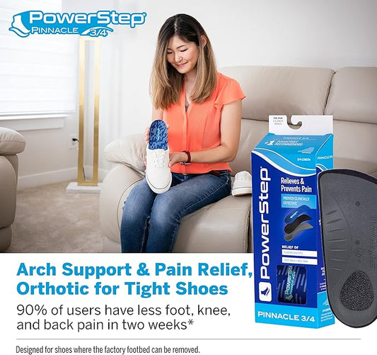 PowerStep Insoles, Pinnacle 34 Thin, Arch Pain Relief Insole, For Tight Shoes, Arch Support Orthotic For Men's 5-6.5  Women's 7-8.5