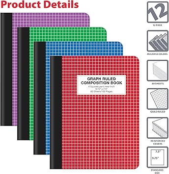 Better Office Products Quad Ruled Composition Book Notebook, 12 Pack, Hardcover 4x4 Graph Ruled Paper, 80 Sheets, 9.75" x 7.5", Assorted Color Covers, 12 Pack
