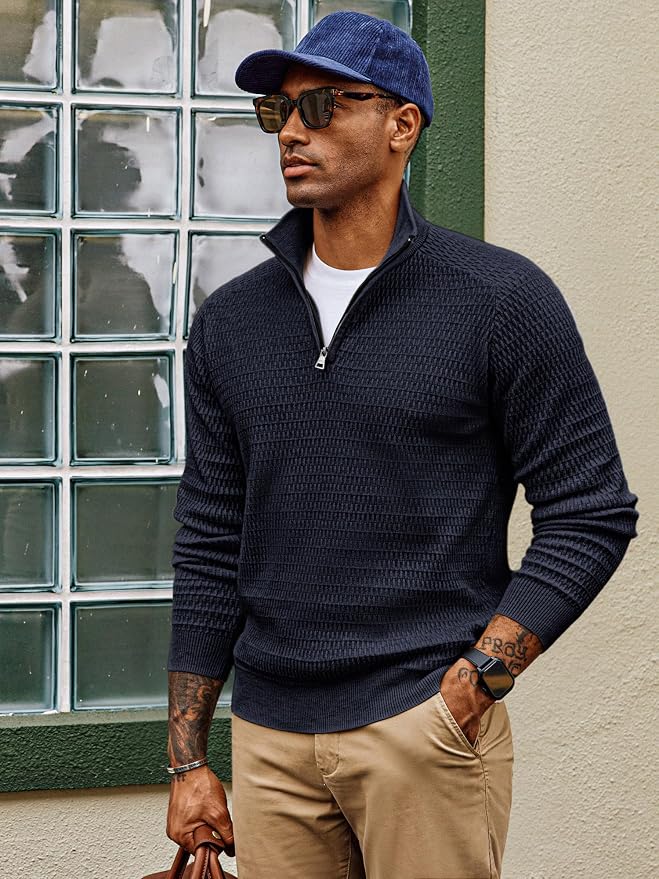 PJ PAUL JONES Mens Quarter Zip Textured Dress Sweaters | Raglan Long Sleeve, Ribbed Mock Neck Collar, Half Zip Pullover, Slim Fit, Formal Style, Fall Winter Wear, Suéter Para Hombre