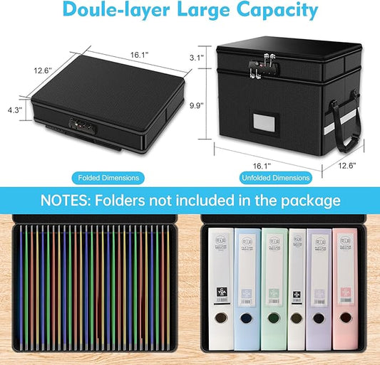 RHM Fireproof document box with lock, 2-layer fireproof file box for documents with handle, portable document box for home office, secure document box for