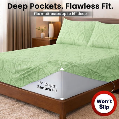 Paisley King Sheet Set 6 Piece, 16" Deep Pocket Soft Microfiber, LUX Décor Boho Print Wrinkle-Free Breathable Cooling Sheets, Fade and Shrink Resistant, OEKO-TEX, 4 Pillowcases, Sage Green