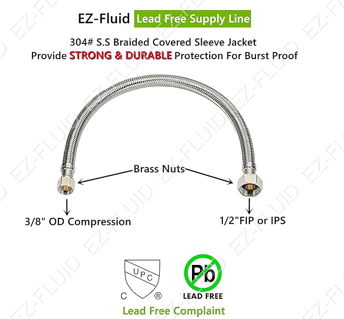 EZ-Fluid (1) 12" Water Supply Line,12" Fip x 38" Comp LF,Brass Nuts,Universal Stainless Steel Braided Faucet Water Supply Line Connector,Water Supply Hose Connector Lines For Kitchen,Bathroom