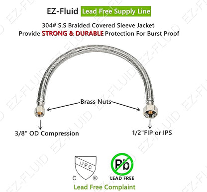 EZ-Fluid (1) 12" Water Supply Line,12" Fip x 38" Comp LF,Brass Nuts,Universal Stainless Steel Braided Faucet Water Supply Line Connector,Water Supply Hose Connector Lines For Kitchen,Bathroom