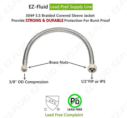 EZ-Fluid 24-Inch 12" FIP X 38" Comp Stainless Steel Braided Faucet Supply Line Connector,Faucet Water Supply Hose Connector Lines Facuet Water Supply Line For Bathroom,Kitchen sink Facuet (1Pc)