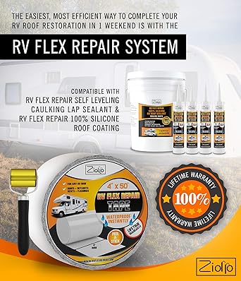 Ziollo RV Flex Repair Tape - Roof Seam Tape to Seal and Waterproof, Bond to EPDM Rubber with Butyl Sealant, Seal Vents and Skylights on Motorhomes, Trailers, Campers (White, 4-inch x 50 Foot Roll)