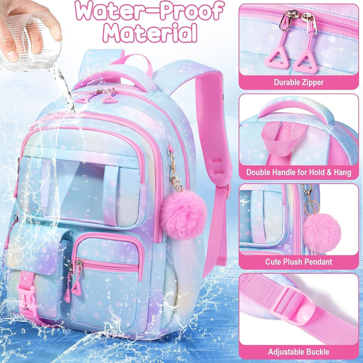 The color is Pink Fimibuke Kids Backpack for School Girls, 3Pcs Waterproof Girls Backpack with Lunch Box & Pencil Pouch - Lightweight Blue Bookbag for Ages 6+ Elementary Middle School Teens