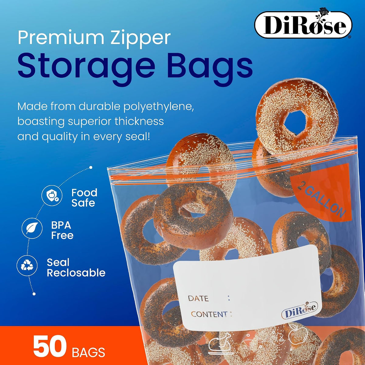 Dirose 2 Gallon Reclosable Bags - Double Zipper, Heavy Duty, Clear Plastic Storage Bags for Food, and Household Use - 50 Count