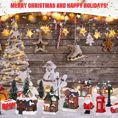 Zubebe 22 Pcs Christmas Village Houses Sets LED Holiday Village Figurines Collection Buildings Christmas Scene Desktop Ornaments Xmas Indoor Room(Cute Style)