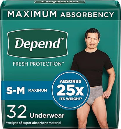 Depend Fresh Protection Adult Incontinence Underwear for Men, Disposable, Maximum, SmallMedium, Grey, 32 Count, Packaging May Vary