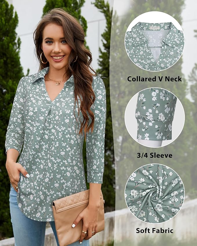 Bulotus Women's 3/4 Sleeve Tunic Shirts Business Casual Blouses V Neck Work Tops