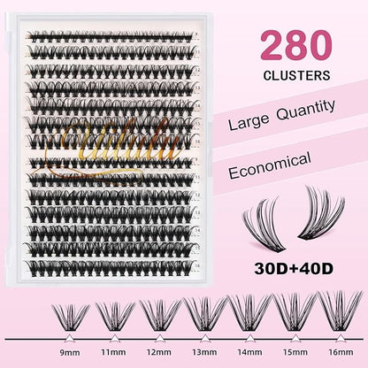 DIY Lash Extension Kit 280pcs Individual Lashes Clusters D Curl Lash Clusters, Lash Kit with Lash Bond and Seal, Remover, Lash Tweezers (30D40D-0.07D-9-16MM Kit)