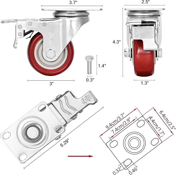 3 inch Heavy Duty Casters Load 1500lbs,Lockable Bearing Caster Wheels with Brakes,Swivel Casters for Furniture and Workbench,Set of 4 (Free Screws)