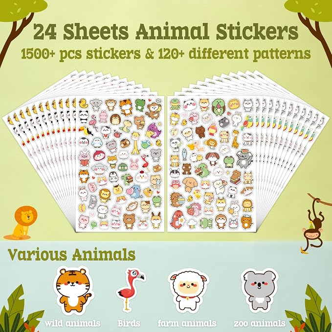 LINAYE 24 Sheets Cute Kawaii Stickers Pack - 1500PCS Adhesive Animal Stickers for Kids, Girls, Classroom