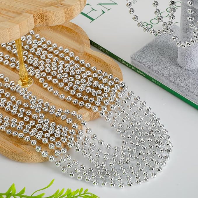 24PCS Christmas Bead Necklace, Silver Xmas Bead Stuff Party Favors, 33" Necklace Women Men Bulk, Festival Events Parade Throw Accessories for Christmas Mardi Gras Wedding Birthday Celebrations Decor