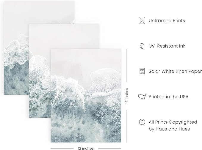 Haus and Hues Beach Pictures Wall Art - Set of 3 Modern Wall Art, Beach Art Posters For Room Aesthetic, Coastal Wall Decor, Minimalist Blue Wall Art, Wall Decor for Bedroom Aesthetic (12x16, Unframed)