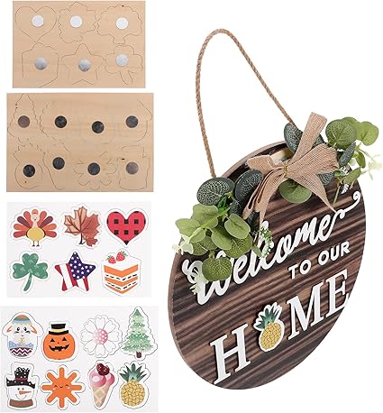 LUOZZY Wooden Welcome to Our Home Hanging Sign for Front Door Interchangeable Farmhouse Welcome Sign Rustic Wooden Hanging Sign with Changeable Ornaments