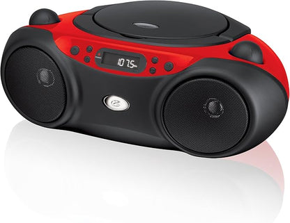 GPX BC232R Portable Top-Loading CD Boombox with AMFM Radio and 3.5mm Line in for MP3 Device - RedBlack