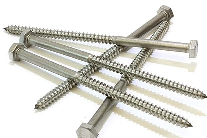 Bolt Dropper 14" x 6" Hex Head Lag Bolt Screws, (10 Pack), 304 (18-8) Stainless Steel Coach BoltsLarge Screws for Wood with Plain Finish
