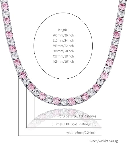 JINAO 6MM Tennis Chain Necklace 18k Gold Plated 1 Row Lab Simulated Diamond Iced Out Cubic Zirconia Chain Men's Hip hop Tennis Choker Necklace Chain for Men Women