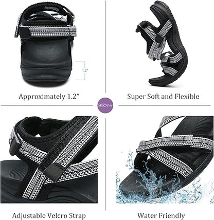 MEGNYA Womens Lightweight Cushion Sandals for Walking, Summer Outside Hiking Sandals with Adjustable Hook and Loop Straps
