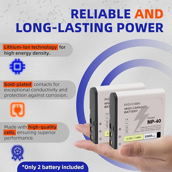 2Pcs NP-40 Battery,2000mAh for Casio Exilim EX-Z1050 EX-Z750, Kodak LB-060 AZ521 AZ361 AZ501 AZ522 AZ362 AZ526, HP D3500 SKL-60 V5060H V5061U SUN06 YCO6 Full HD Portable Camera