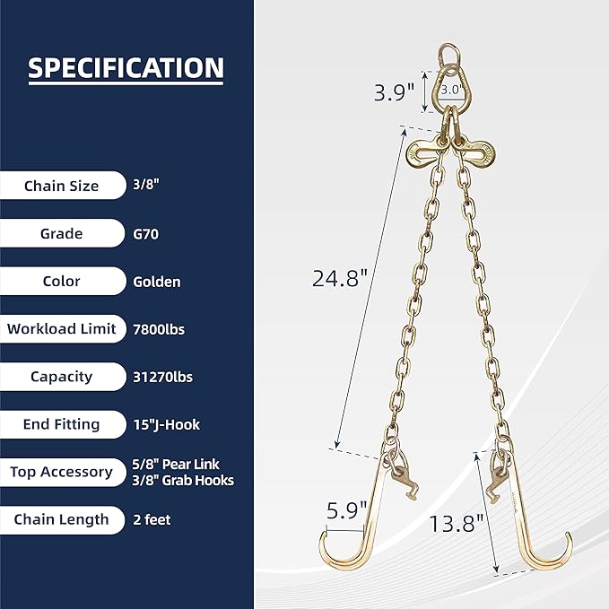 38" x 2' G70 Tow Chain V- Bridle with 15" Long Shank J Hooks and Grab Hooks, Flatbed Truck Trailer Safety Tow Chain, 7,800 lbs Safe Working Load
