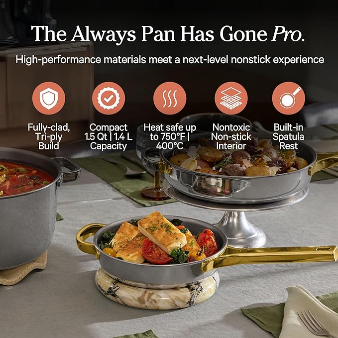 Our Place Titanium Always Pan Pro - 10.6 (2.8 Qt) No-Coating Nonstick Technology  Tri-Ply Titanium  Stainless Steel  Safe for Oven, Induction  Cooktops up to 750F  Beechwood Spatula  Gold
