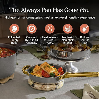 Our Place Titanium Always Pan Pro - 10.6 (2.8 Qt) No-Coating Nonstick Technology  Tri-Ply Titanium  Stainless Steel  Safe for Oven, Induction  Cooktops up to 750F  Beechwood Spatula  Gold