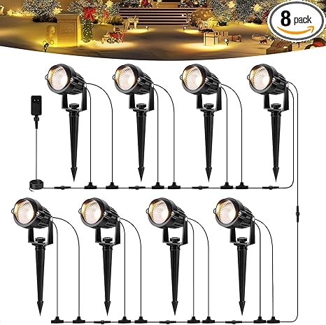 OurLeeme Spotlights Outdoor Waterproof - 8-in-1 LED Christmas Spotlights for Outside with 60W Transformer, Spotlight Landscape Lighting Plug in House Spot Lights Outdoor for Yard Garden (Warm)