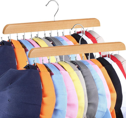 2 Pack Hat Hangers for Closet, 14 Hook Cap Organizer, Wood No Assembly, Double-Sided Hooks, Rotates 360°, Hardwood And Stainless Steel, For Caps, Belts, Ties, And Scarves