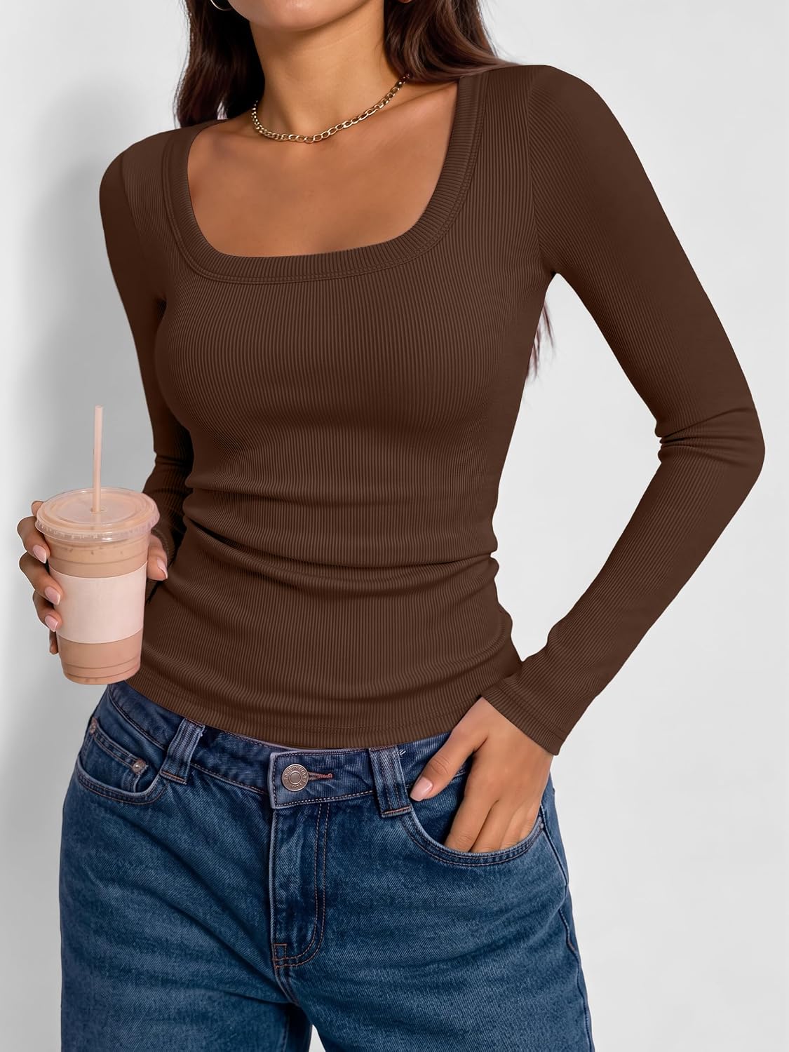 AUTOMET Women‘s Ribbed Square Neck Top, Long Sleeve Slim Fit Basic Shirt for Fall Winter Spring, Casual Crop Tee