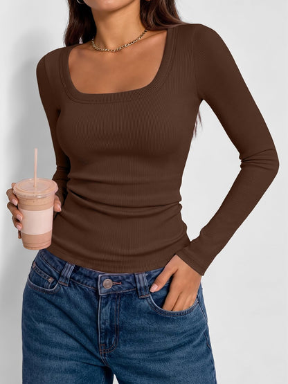 AUTOMET Women‘s Ribbed Square Neck Top, Long Sleeve Slim Fit Basic Shirt for Fall Winter Spring, Casual Crop Tee