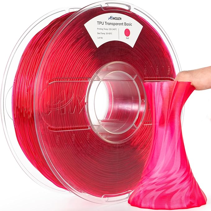 AMOLEN 95A TPU 3D Printer Filament 1.75mm, High Hardness  Resilience TPU Transparent Red Filament, 1KG Flexible 3D Filament, Dimensional Accuracy - 0.02mm, Suitable for Most FDM 3D Printers