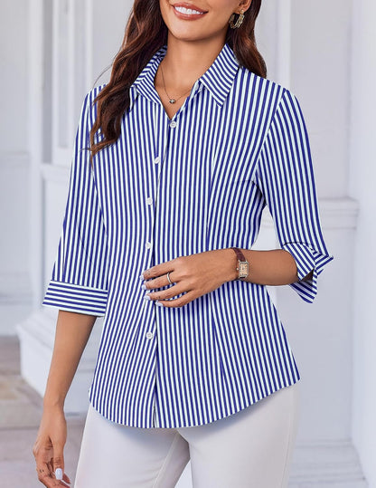 Women's 3/4 Sleeve Slim Fit V-Neck Button Down Shirt