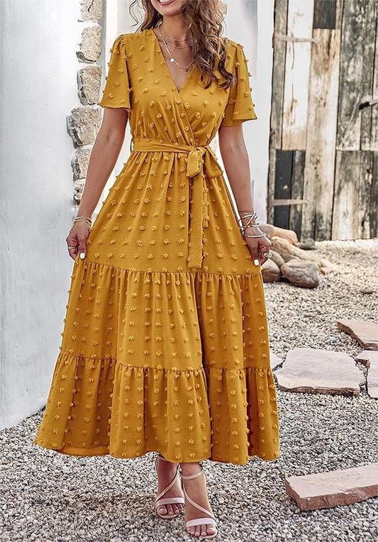 MASCOMODA Womens Summer Swiss Dot Maxi Dressses Wrap V Neck Flutter Short Sleeve Boho Casual Flowy Long Wedding Guest Dress
