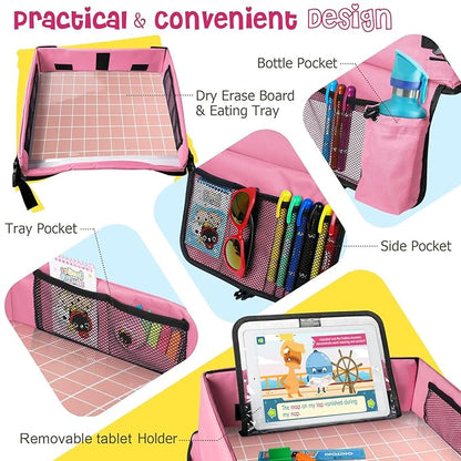 BUENAVO New Version Car Seat Organizer Kids Travel Tray for Kids Toddlers Activities in Car Seat, Stroller, Airplane  Waterproof Dry Erase Top  Side Pocket  Water Bottle Holder