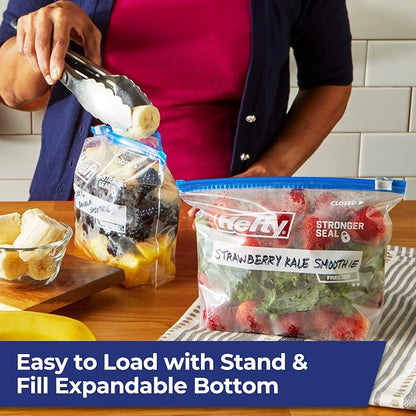 Hefty Slider Quart Freezer Bags, 74 Count, Quart Slider Bags for Freezer, Holds Individual Leftovers, Sliced Fruits and Veggies, and More, Writable Label, Secure Zip and Click Closure