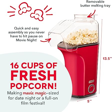DASH Hot Air Popcorn Popper Maker with Measuring Cup to Portion Popping Corn Kernels  Melt Butter, 16 Cups - Red