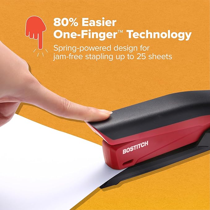 Bostitch Office Executive 3 in 1 Stapler, Includes 210 Staples and Integrated Staple Remover, One Finger Stapling, No Effort, 20 Sheet Capacity, Spring Powered Stapler, Red