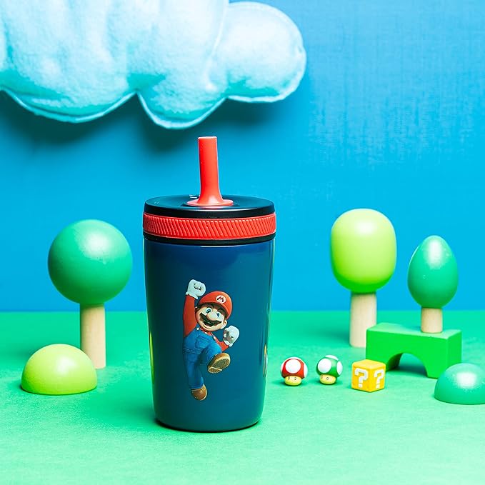 Zak Designs The Super Mario Bros. Movie Kelso Toddler Cups For Travel or At Home, 12oz Vacuum Insulated Stainless Steel Sippy Cup With Leak-Proof Design is Perfect For Kids (Mario)
