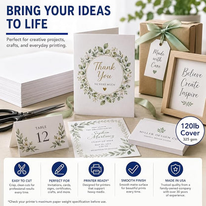 120lb Cover Thick Cardstock Paper - Plain Heavy Bright White Stock - 8.5" x 11" (50 Sheets)
