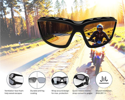Anti-Fog Safety Motorcycle Riding Sunglasses Foam padded Goggle, Dustproof, Windproof, Hunting, Hiking, Golfing
