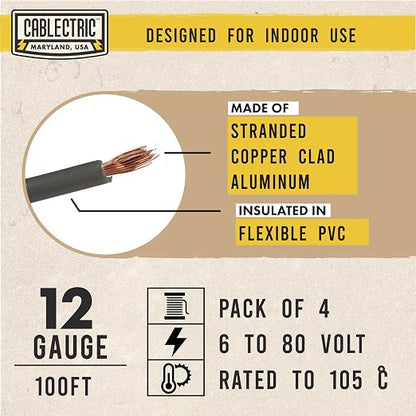 Cablectric 12 Gauge Copper Clad Aluminum Primary Wire Single Roll- 100 Ft of Wire- Black 1pc